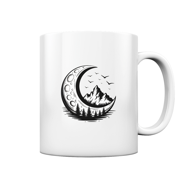 Crescent Peak mug with mountain and moon design, glossy white finish, perfect for any beverage.
